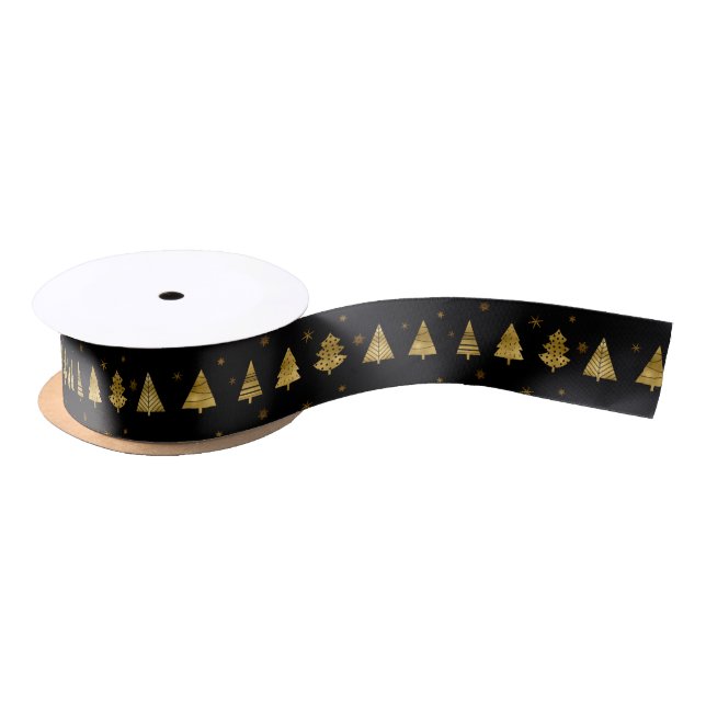 Christmas Trees and Snowflakes Pattern Gold ID863  Satin Ribbon (Spool)