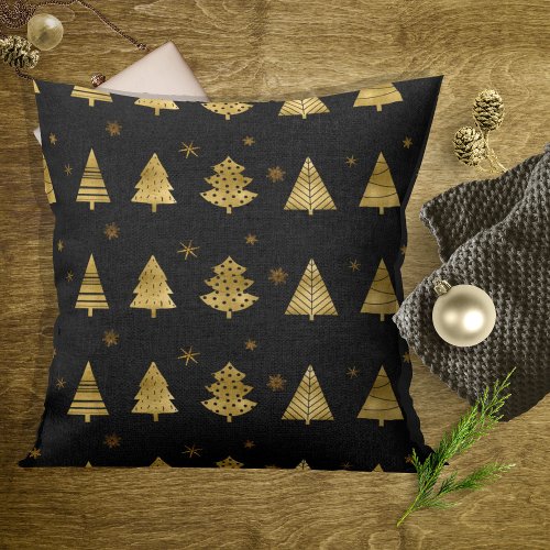 Christmas Trees and Snowflakes Pattern Gold ID863 Throw Pillow