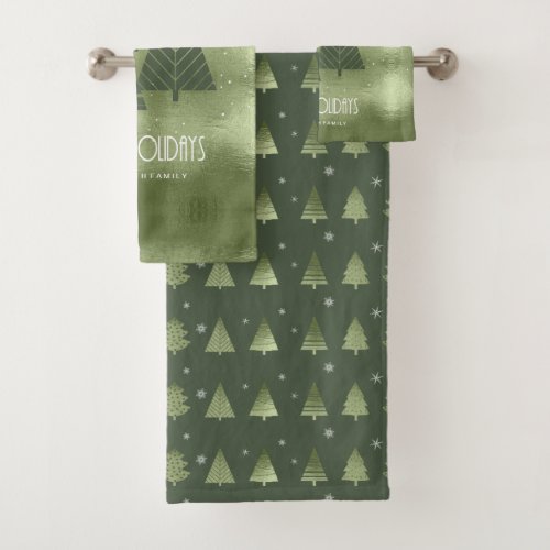 Christmas Trees and Snowflakes Pattern Green ID863 Bath Towel Set