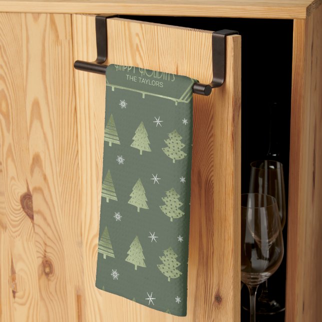 Christmas Trees and Snowflakes Pattern Green ID863 Kitchen Towel (Thirds Fold)