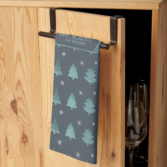 Christmas Trees and Snowflakes Pattern Teal ID863 Kitchen Towel (Thirds Fold)