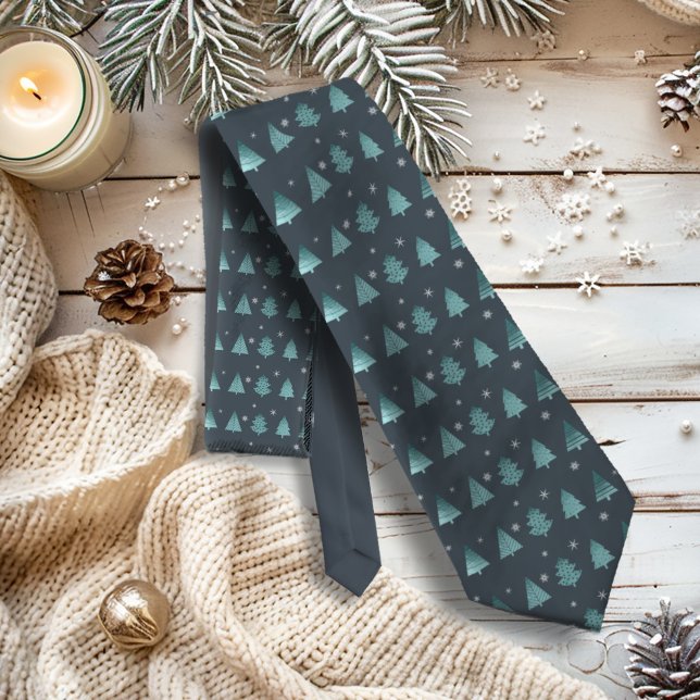 Christmas Trees and Snowflakes Pattern Teal ID863 Neck Tie (Creator Uploaded)