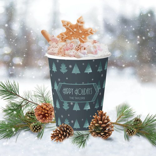 Christmas Trees and Snowflakes Pattern Teal ID863 Paper Cups