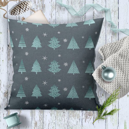 Christmas Trees and Snowflakes Pattern Teal ID863 Throw Pillow