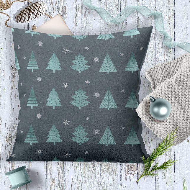Christmas Trees and Snowflakes Pattern Teal ID863 Throw Pillow (Creator Uploaded)