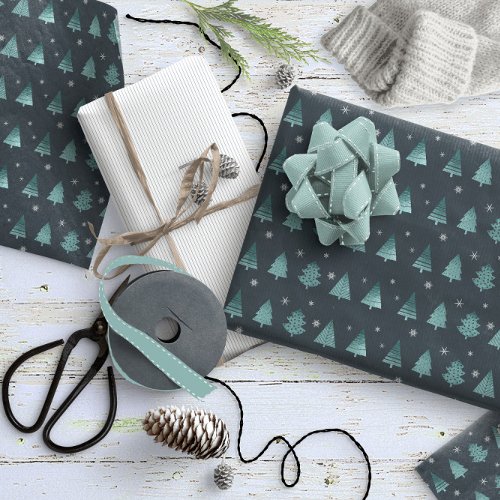 Christmas Trees and Snowflakes Pattern Teal ID863 Wrapping Paper