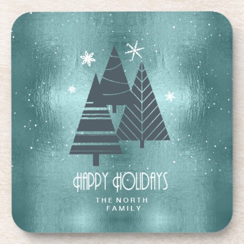 Christmas Trees and Snowflakes Teal ID863 Beverage Coaster