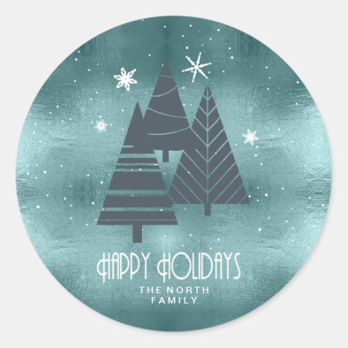 Christmas Trees and Snowflakes Teal ID863 Classic Round Sticker