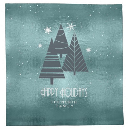 Christmas Trees and Snowflakes Teal ID863  Cloth Napkin