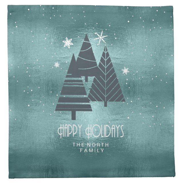 Christmas Trees and Snowflakes Teal ID863  Cloth Napkin (Front)