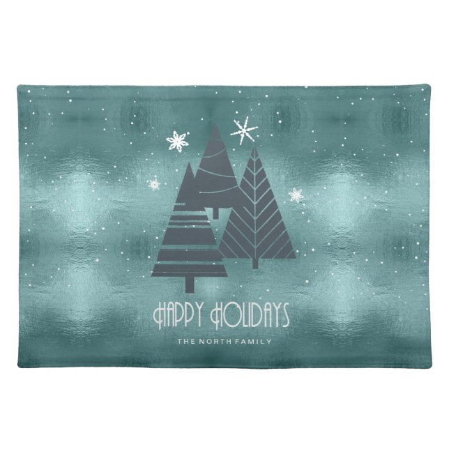 Christmas Trees and Snowflakes Teal ID863 Cloth Placemat (Front)