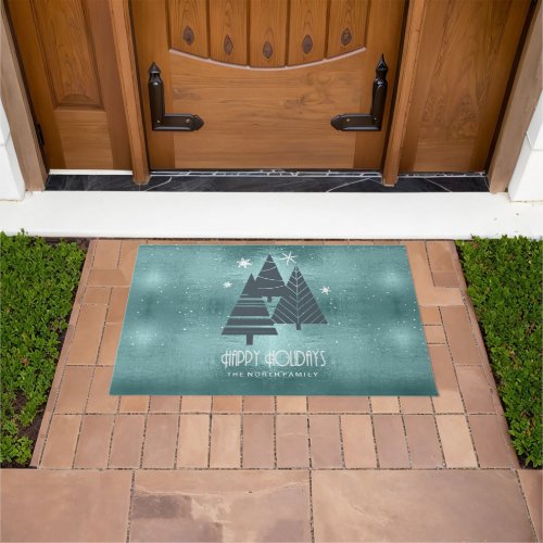 Christmas Trees and Snowflakes Teal ID863  Doormat