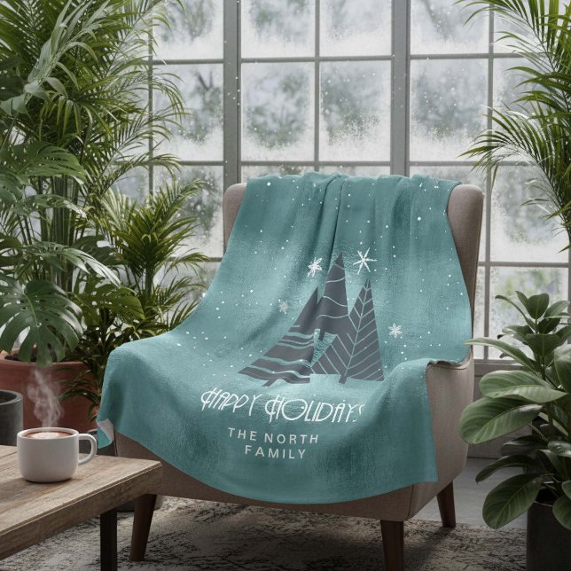 Christmas Trees and Snowflakes Teal ID863 Fleece Blanket (Creator Uploaded)