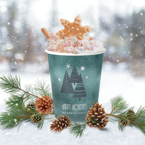 Christmas Trees and Snowflakes Teal ID863 Paper Cups