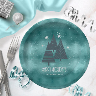 Christmas Trees and Snowflakes Teal ID863 Paper Plates