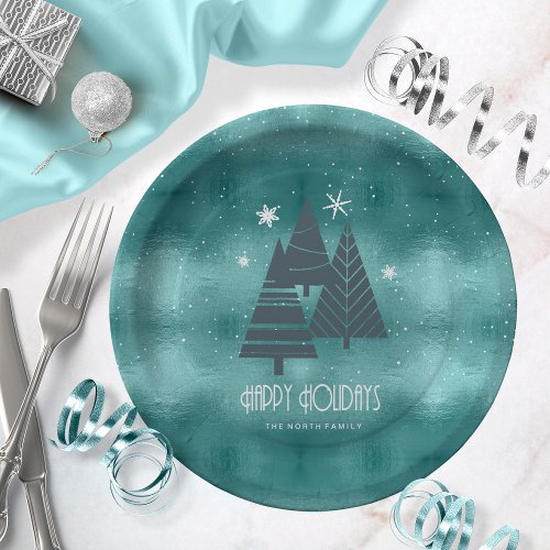 Christmas Trees and Snowflakes Teal ID863  Paper Plates
