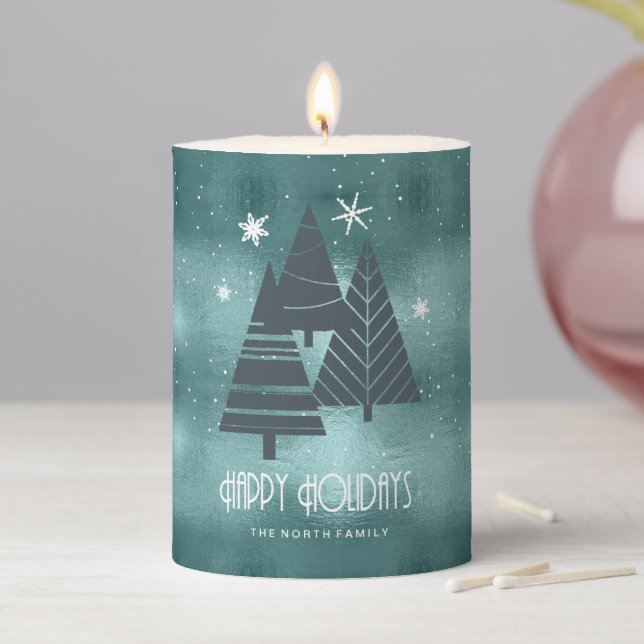Christmas Trees and Snowflakes Teal ID863  Pillar Candle (In Situ)