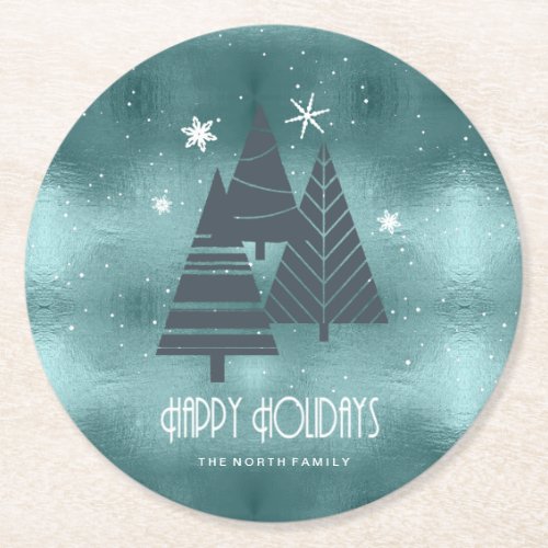 Christmas Trees and Snowflakes Teal ID863 Round Paper Coaster