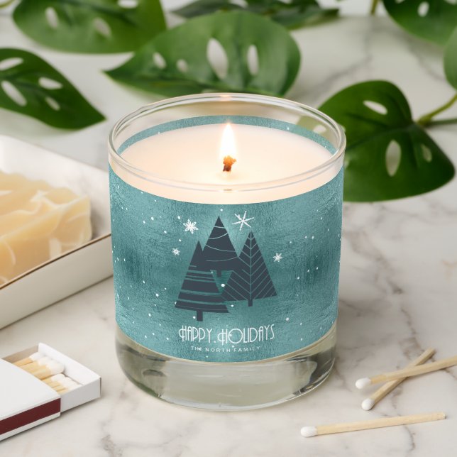 Christmas Trees and Snowflakes Teal ID863 Scented Candle (Lit)