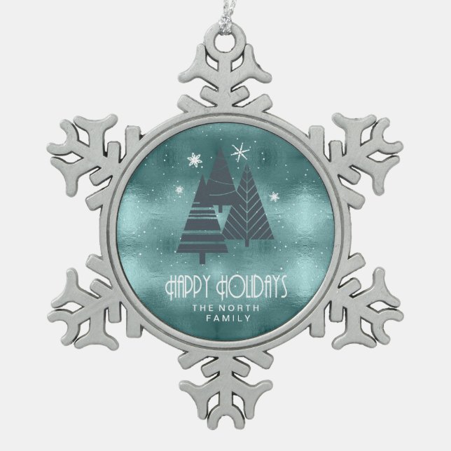 Christmas Trees and Snowflakes Teal ID863 Snowflake Pewter Christmas Ornament (Front)