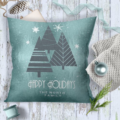 Christmas Trees and Snowflakes Teal ID863 Throw Pillow