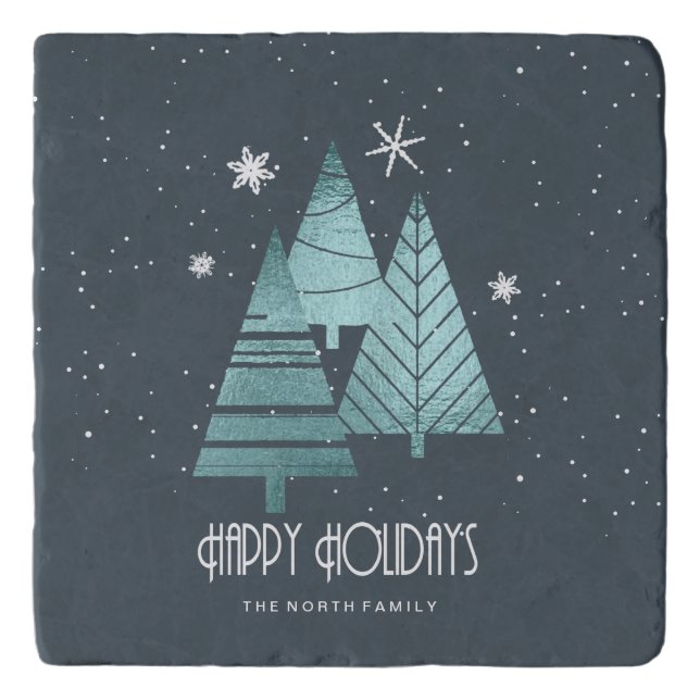 Christmas Trees and Snowflakes Teal ID863 Trivet (Front)