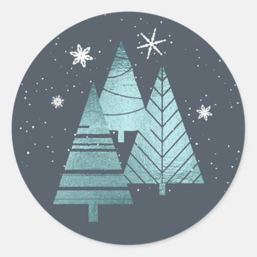 Christmas Trees and Snowflakes V2 Teal ID863 Classic Round Sticker