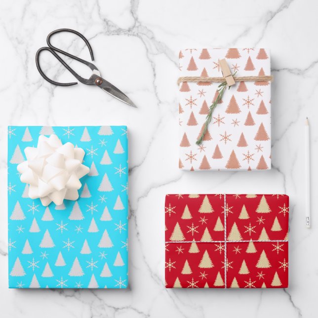 Christmas Trees and Snowflakes Wrapping Paper Sheets (Front)