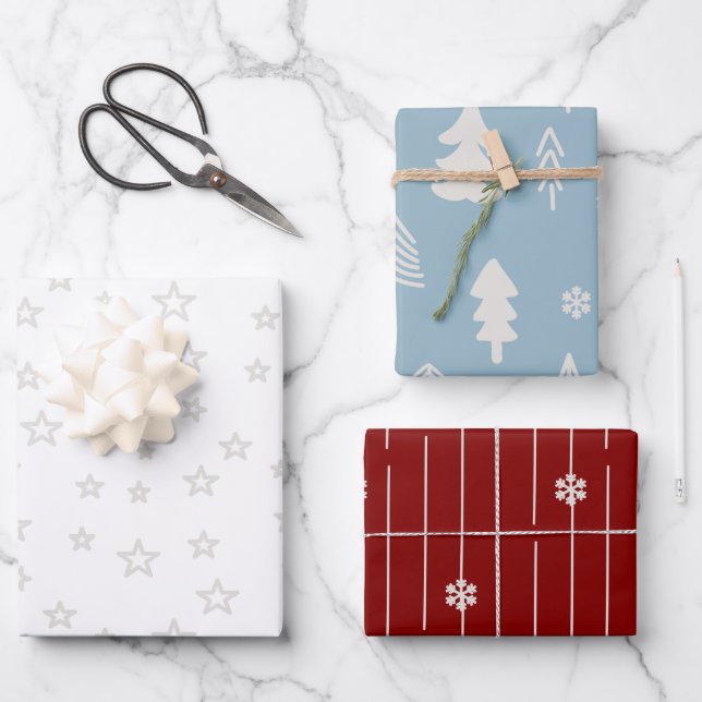 Christmas trees and stars in red and white blue wrapping paper sheets (Front)