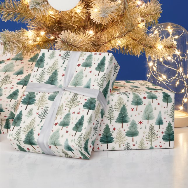 Christmas Trees and Stars Modern Christmas Wrapping Paper (Holidays)