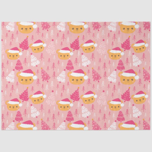 Christmas Trees and Teddy Bears Pink Christmas Tissue Paper (Front)