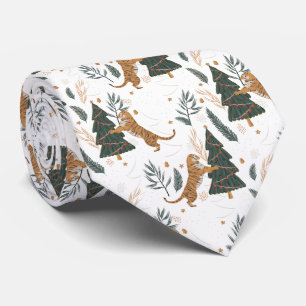 Christmas trees and tigers pattern neck tie