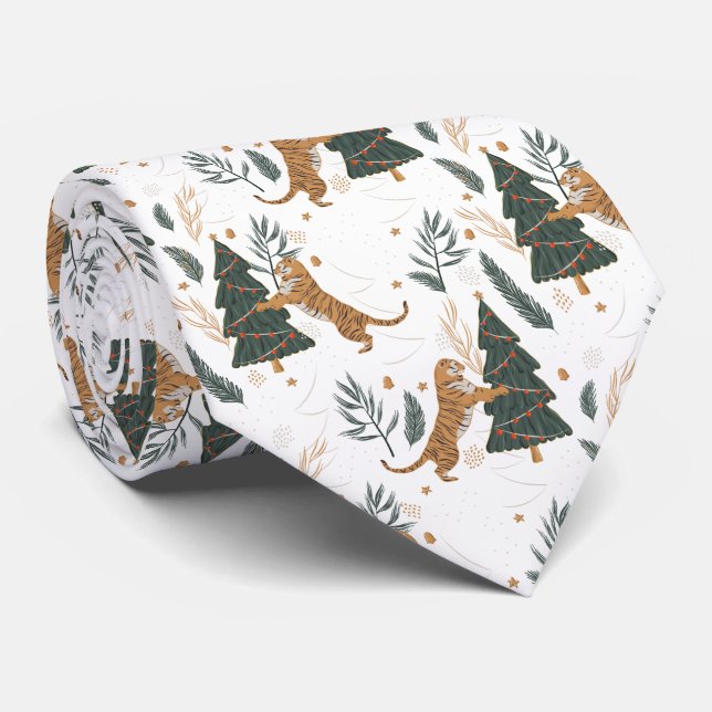 Christmas trees and tigers pattern neck tie (Rolled)