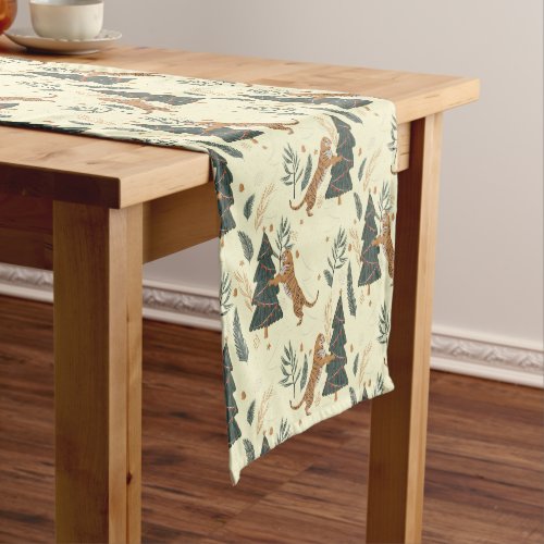 Christmas trees and tigers pattern on beige short table runner