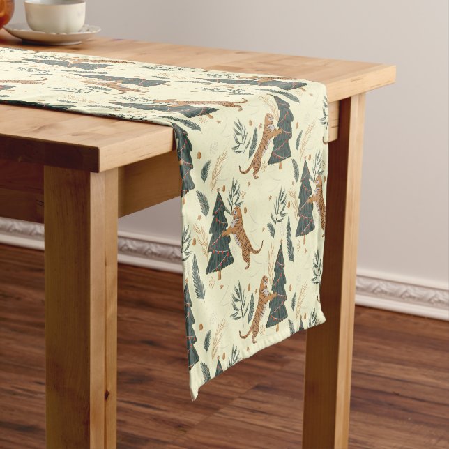 Christmas trees and tigers pattern on beige short table runner (In Situ)