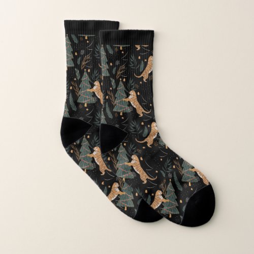 Christmas trees and tigers pattern on black socks