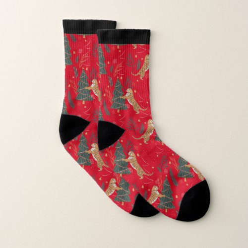 Christmas trees and tigers pattern on red socks