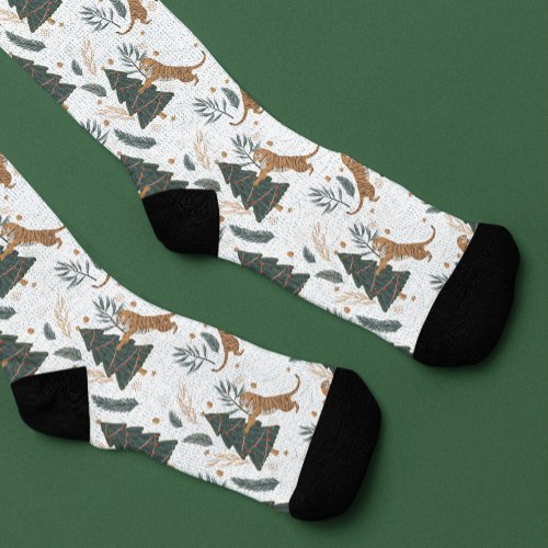 Christmas trees and tigers pattern on white socks