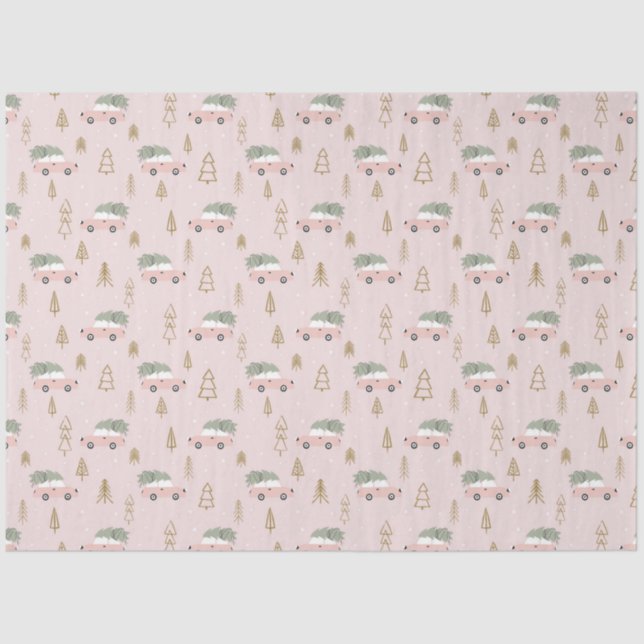 Christmas Trees and Vehicles Beige Christmas Tissue Paper (Front)