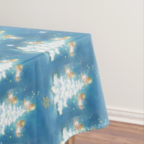 Christmas Trees Angels Stars Gold Snowflakes  Tablecloth