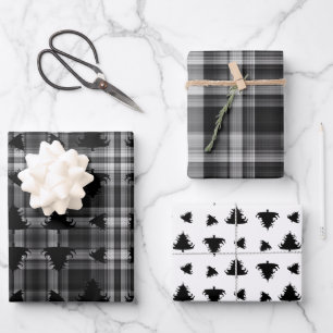 Christmas Trees Black Plaid Wrapping Paper Sheets