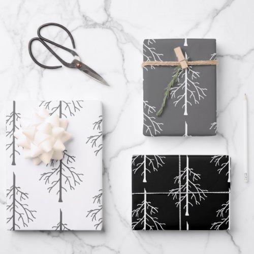 Christmas Trees Black White Pattern Wrapping Paper Sheets