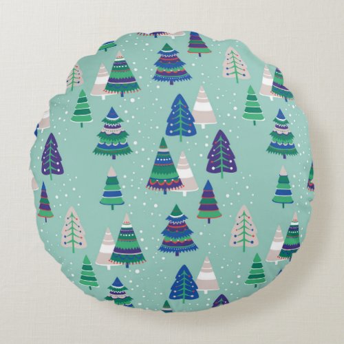 Christmas trees blue background round pillow