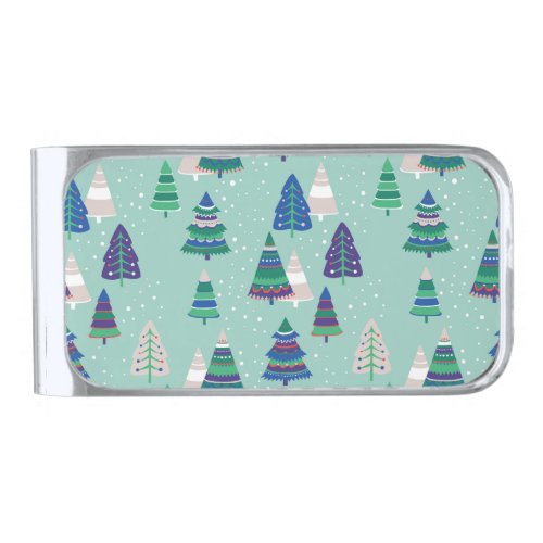 Christmas trees blue background silver finish money clip