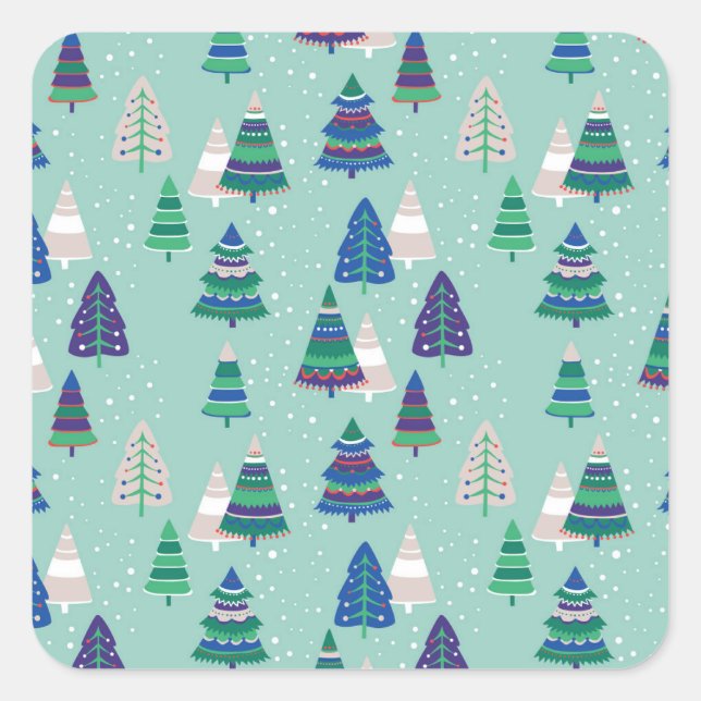 Christmas trees, blue background square sticker (Front)