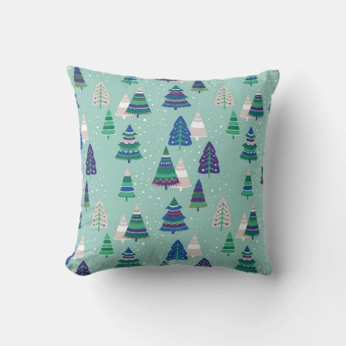 Christmas trees blue background throw pillow