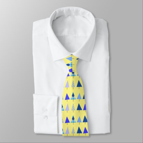 Christmas Trees Blue on Yellow X_Mas Party Neck Tie