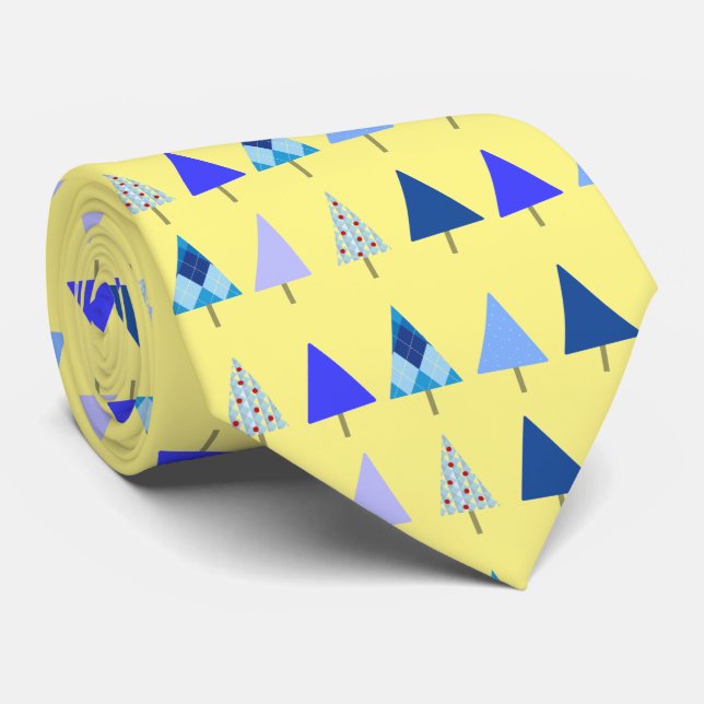 Christmas Trees Blue on Yellow X-Mas Party Neck Tie (Rolled)