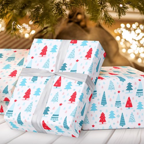 Christmas trees blue red pink wrapping paper