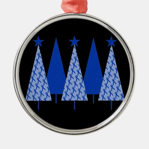 Christmas Trees _ Blue Ribbon Colon Cancer Metal Ornament